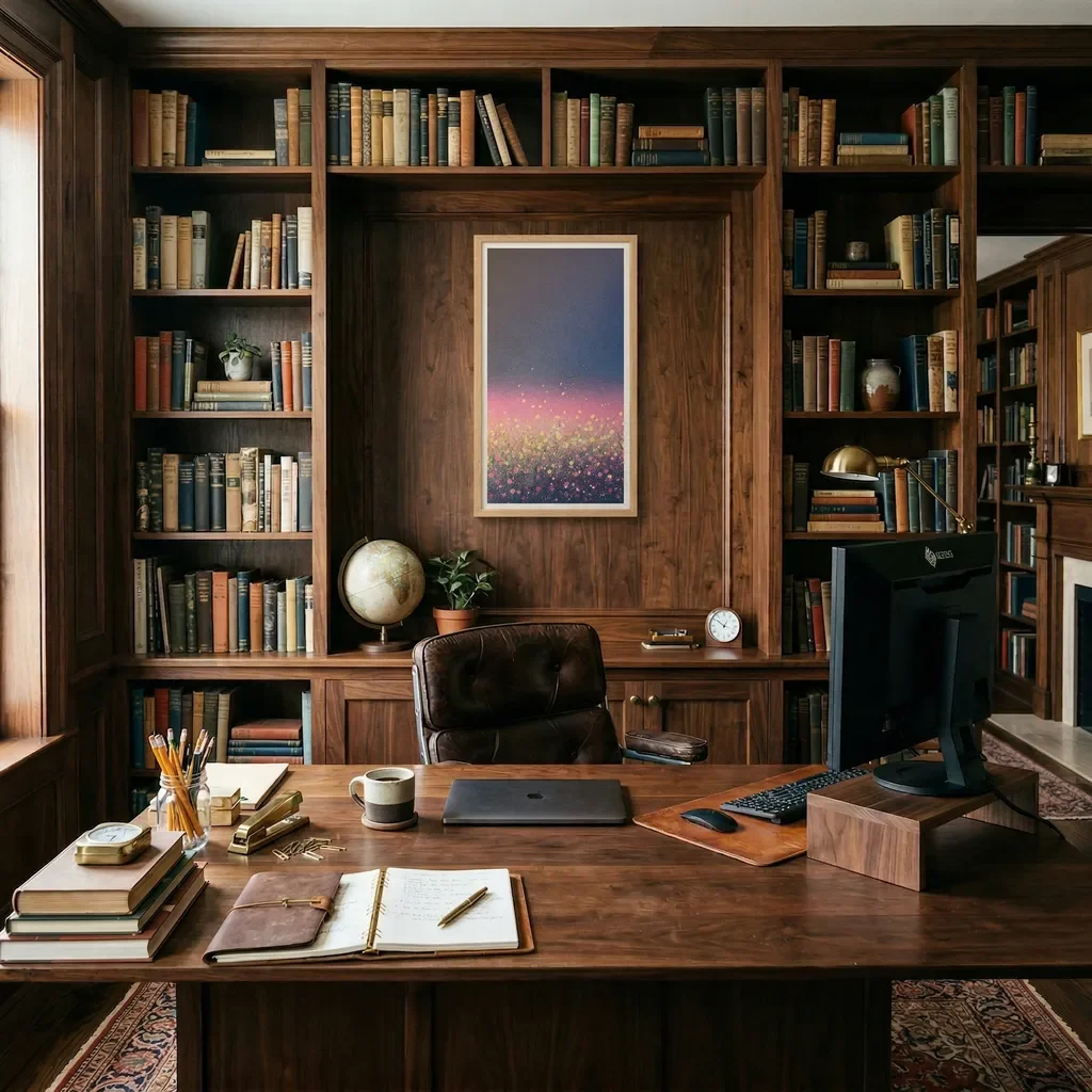 Artwork presented on the wall of a wood-lined library
