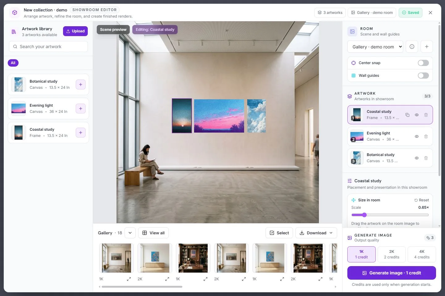Orbliq showroom editor with a configured artwork, room controls and integrated gallery; demonstration workspace